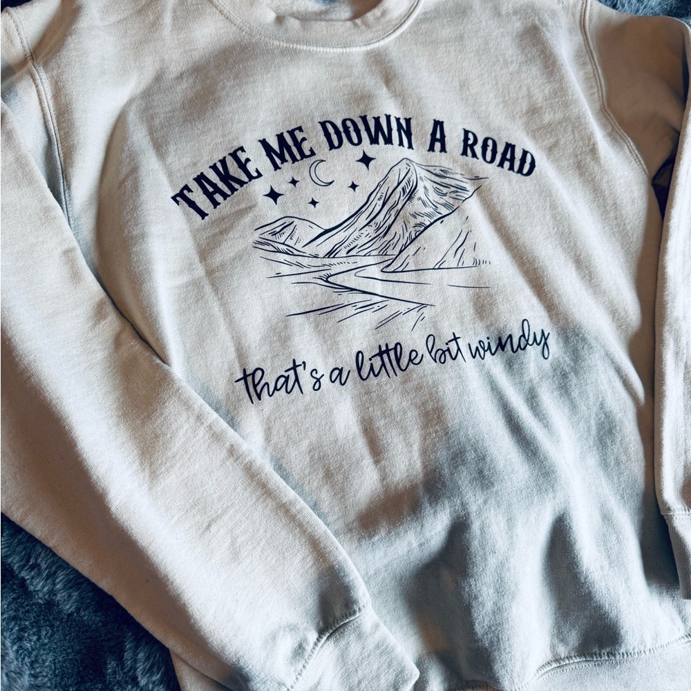 “Take Me Down a Road” Graphic Sweatshirt – Size Small – Neutral Aesthetic Crew